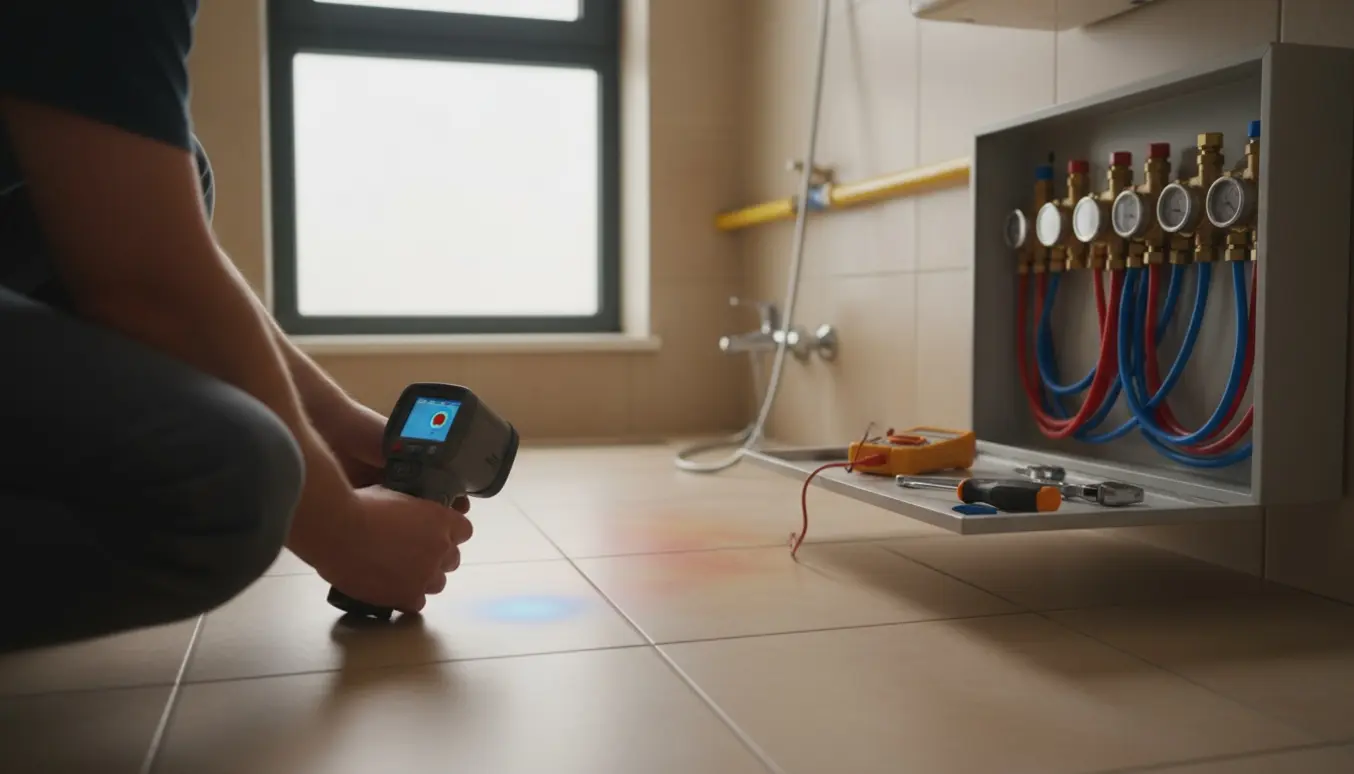 Tekniker inspicerer gulvvarme i et badeværelse med termisk kamera og åbent fordelerskab.