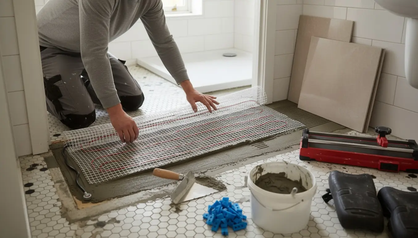 Installatør ruller elvarmemåtte ud i et lille badeværelse klar til at lægge nye fliser.