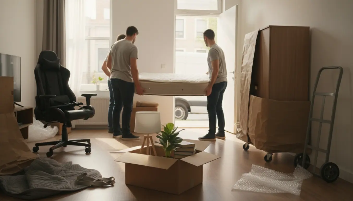 To personer bærer en mellemstor madras gennem en solfyldt lejlighed med et lille skab, en gamerstol og nogle flyttekasser i nærheden.