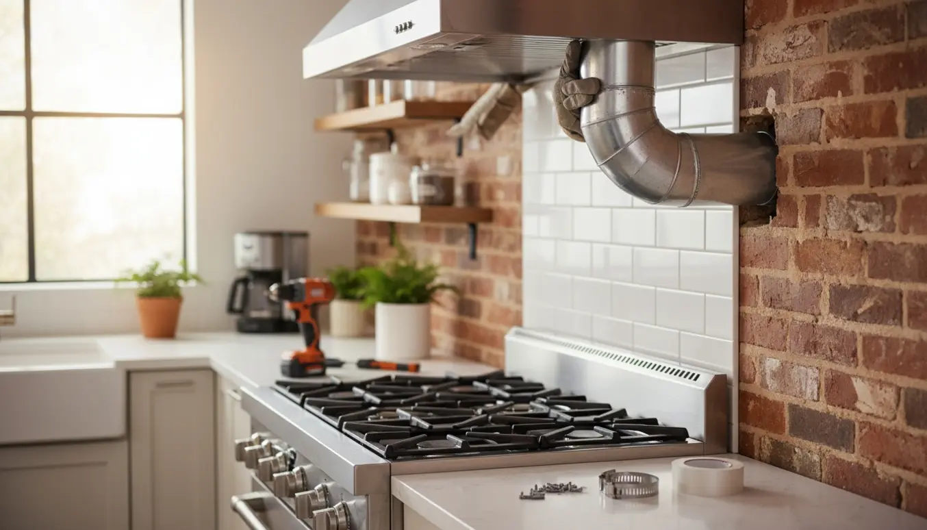 Ventilationsrør monteres fra hul i mur til emhætte i et lyst køkken.