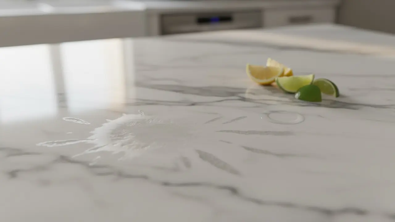 Nærbillede af marmorbord med syreskader: matte pletter og ætsninger ved citrusspild