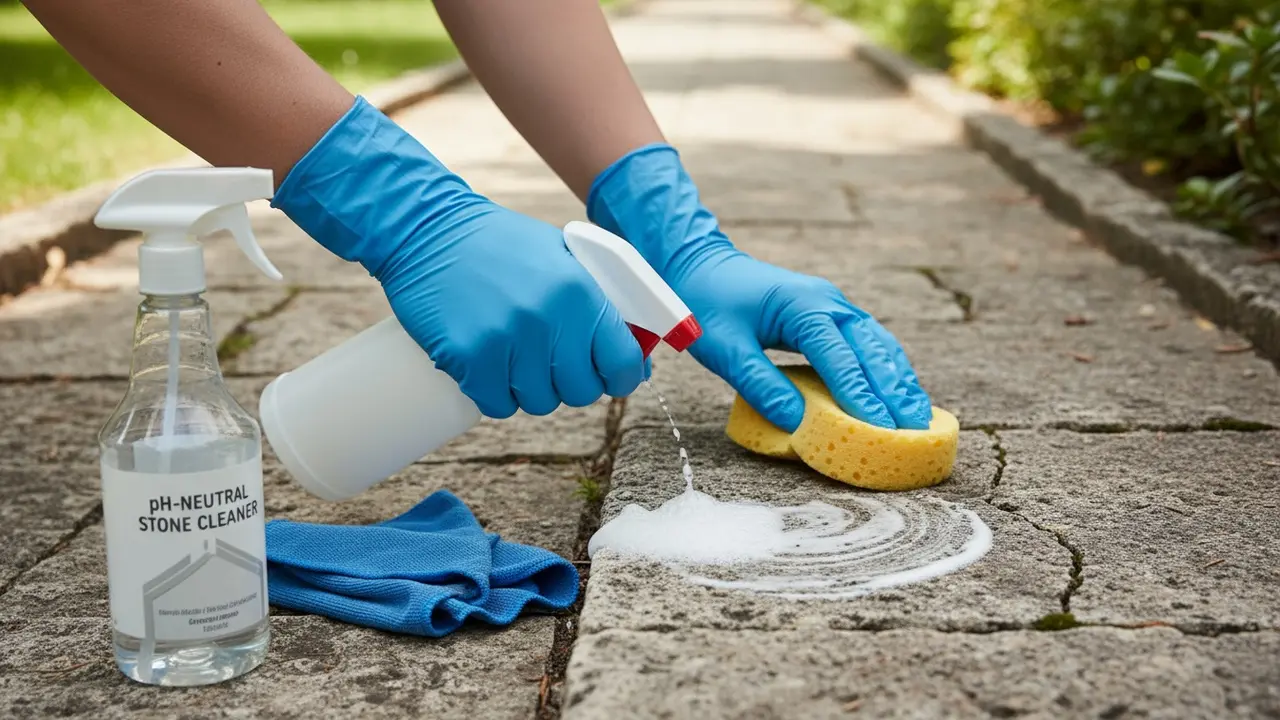 Person med gummihandsker påfører specialmiddel på stenoverflade med blød svamp