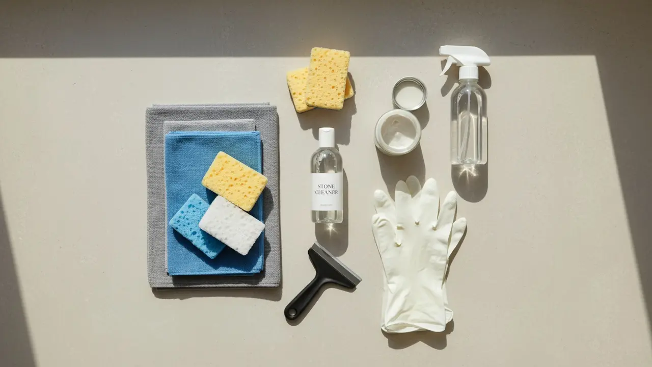 Oversigtsbillede af nødvendigt udstyr: specialmiddel, mikrofiberklude, svampe og slibepasta