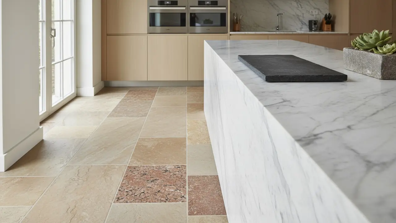 Indendørs billede af forskellige naturstensoverflader (gulv og bordplade) i et lyst hjem.