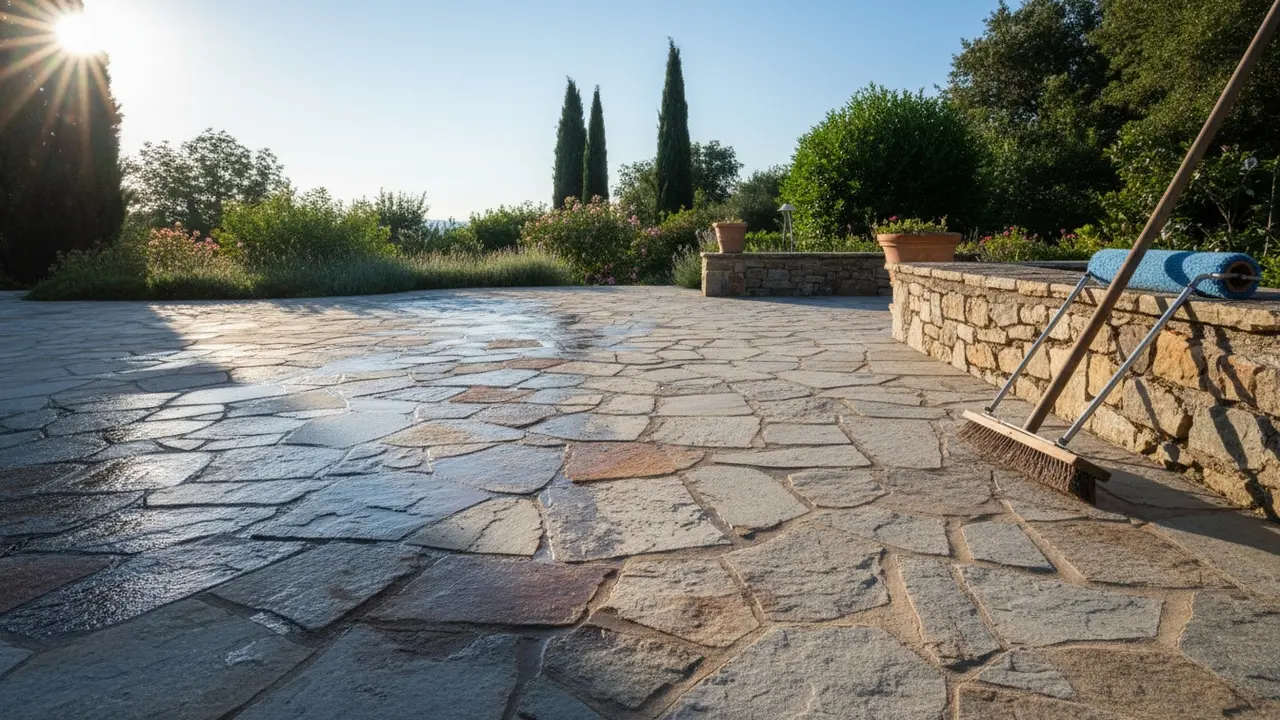 Renset naturstensterrasse, kost og rulle ved siden af, solen tørrer fliserne.