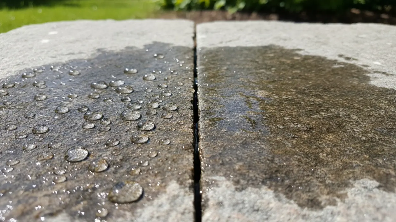 Nærbillede: vandperler på imprægneret sten ved siden af vand, der trænger ind i ubehandlet sten.