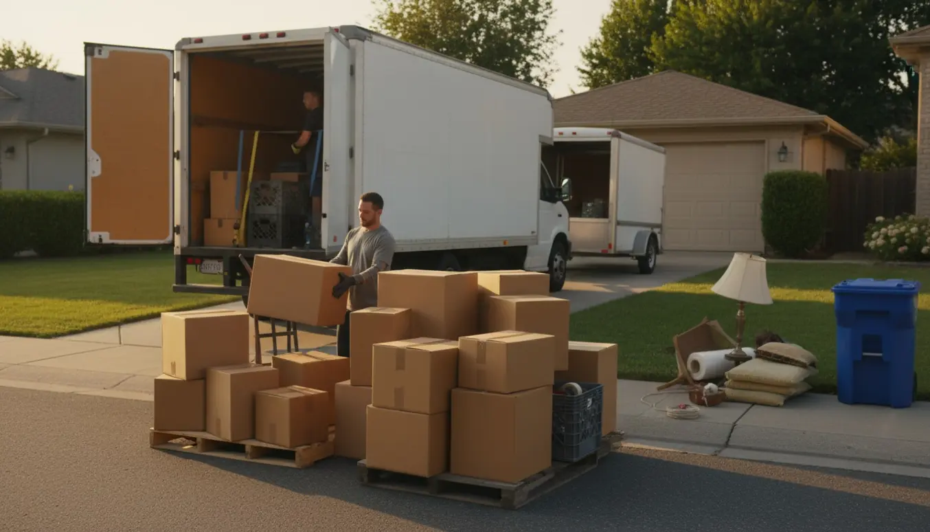 Åben varevogn ved indkørsel med stablede papkasser og flytteudstyr klar til afhentning.