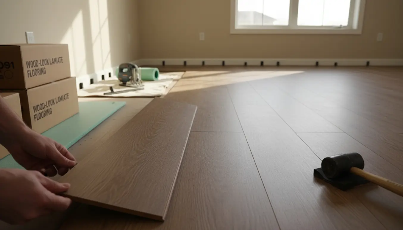 Nærbillede af hænder, der lægger klikgulv i et lyst værelse med værktøj og oplagte gulvplanker.