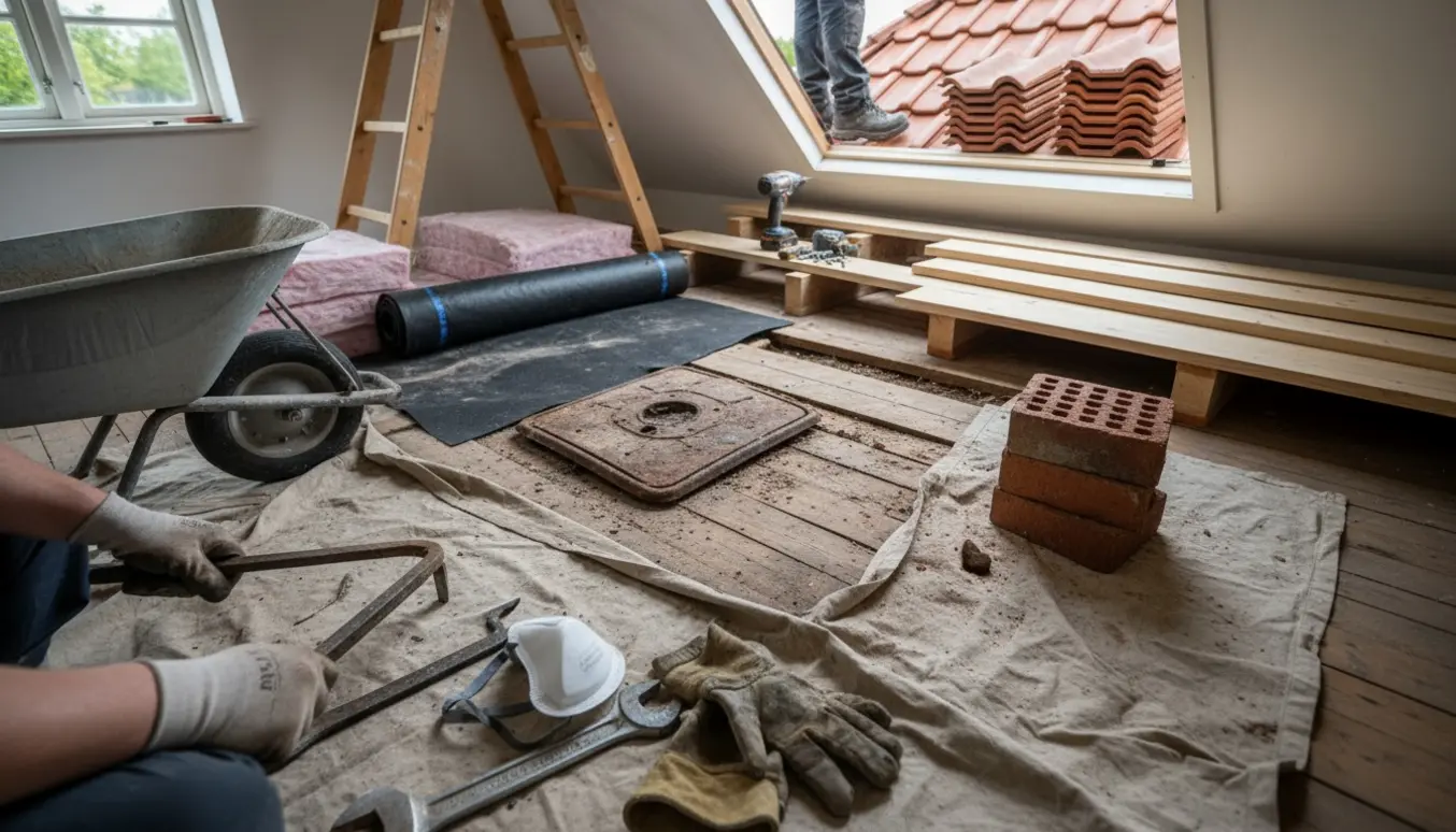Tomt ildsted efter nedtagning af brændeovn med værktøj, tagsten, isolering og reparation af loft og skorsten.