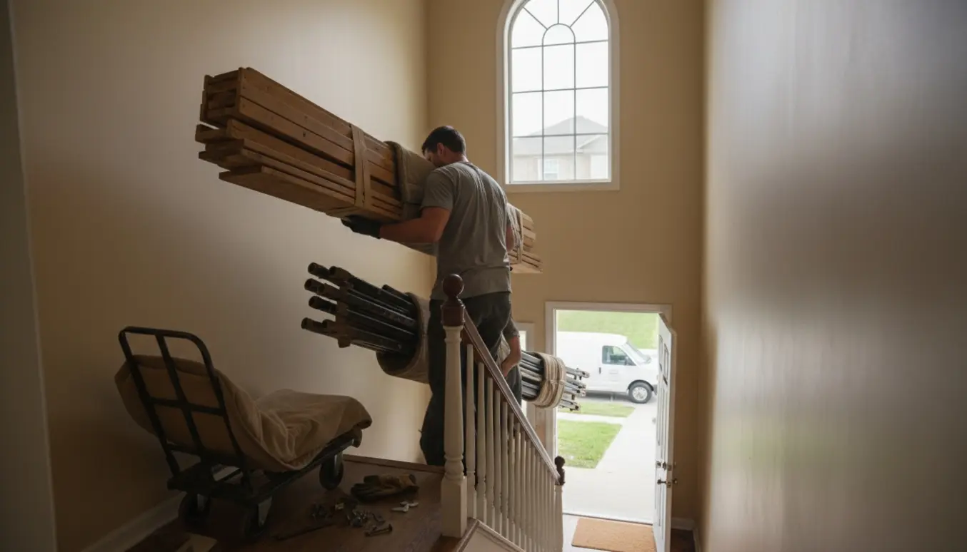 To flyttefolk bærer afmonteret køjeseng ned ad opgang mod en ventende flyttevogn.