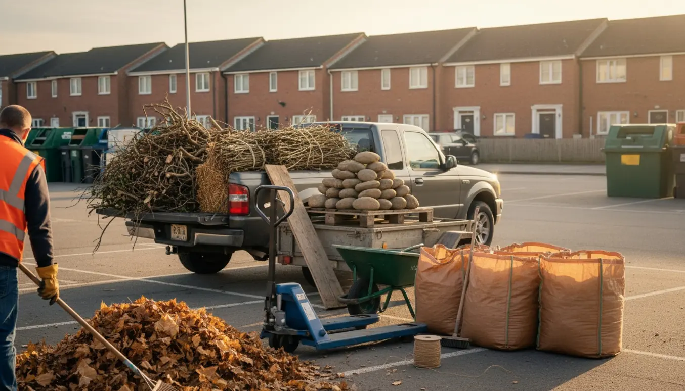 Lastet varebil og trailer ved genbrugsplads med grene, brosten, træplade og fyldte sække foran rækkehuse.