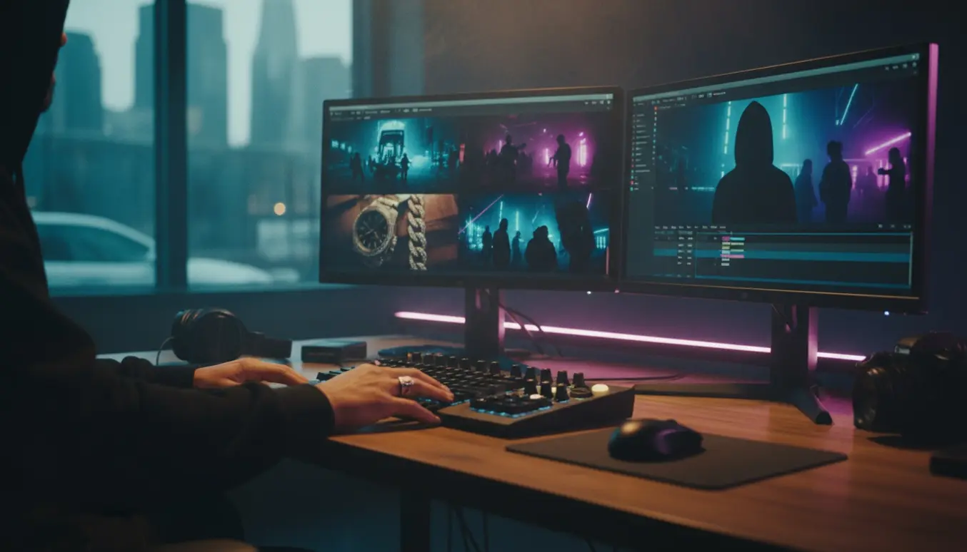 Redigeringsstudie med hænder ved kontrolflade og skærme, der viser neonfarvede, gritty musikvideo-klip.