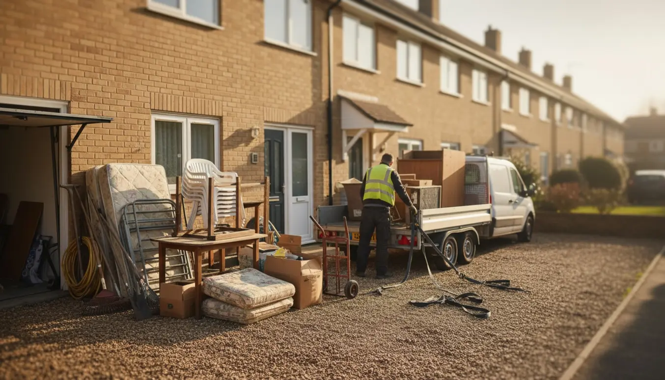En handyman læsser haveredskaber, havemøbler og madrasser på en trailer foran et rækkehus.