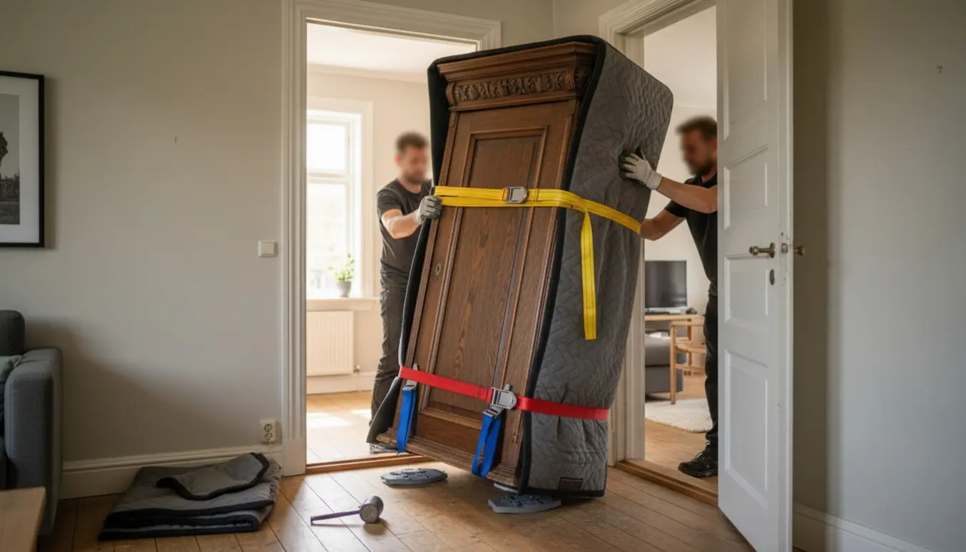 Et tungt karlekammerskab i træ bliver forsigtigt ført gennem en smal døråbning med stropper og dolly.