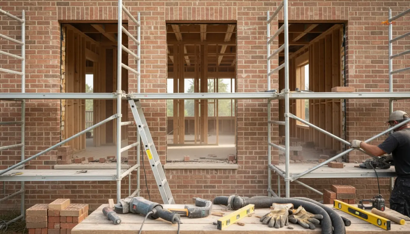 Tre udskårne vinduesåbninger i mursten på stueplan med stillads og murerværktøj.