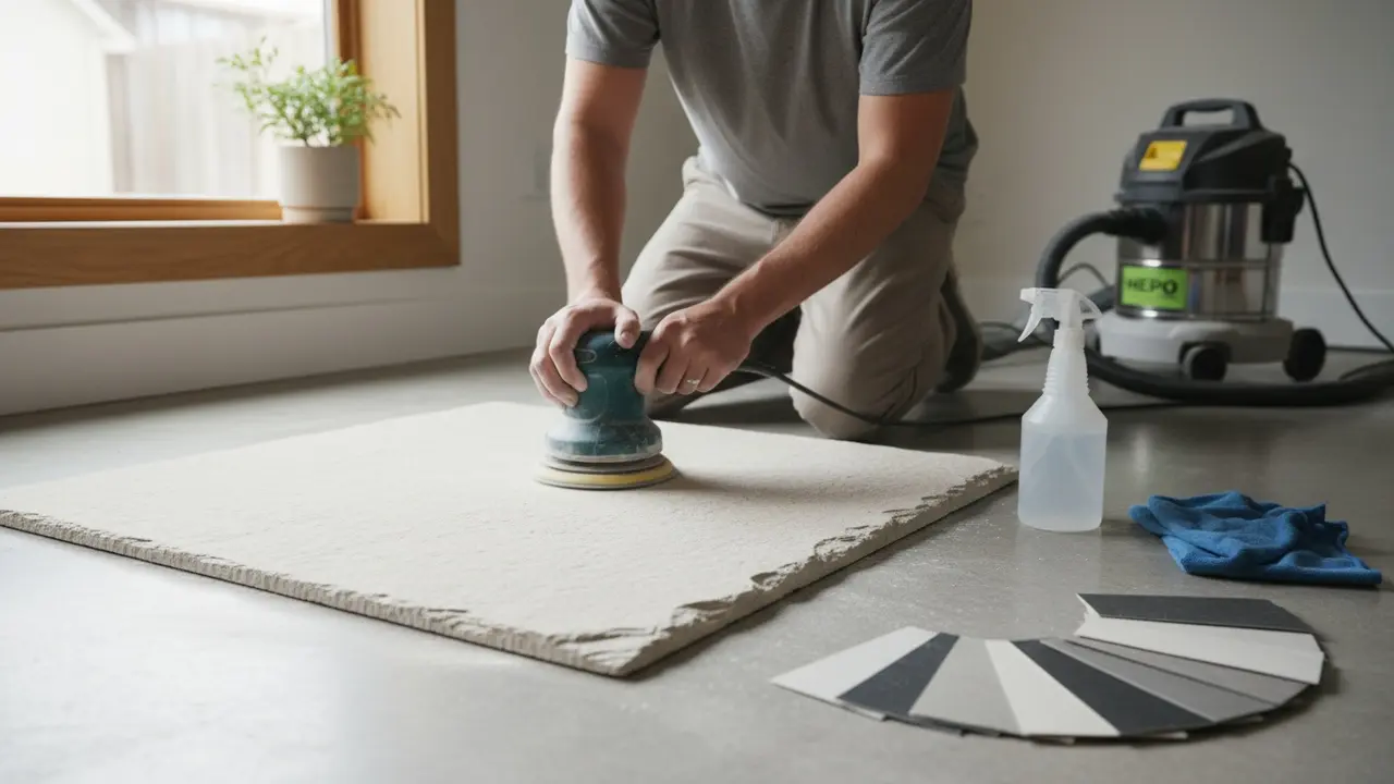 Person sliber naturstensflise i lyst rum med slibemaskine og klude