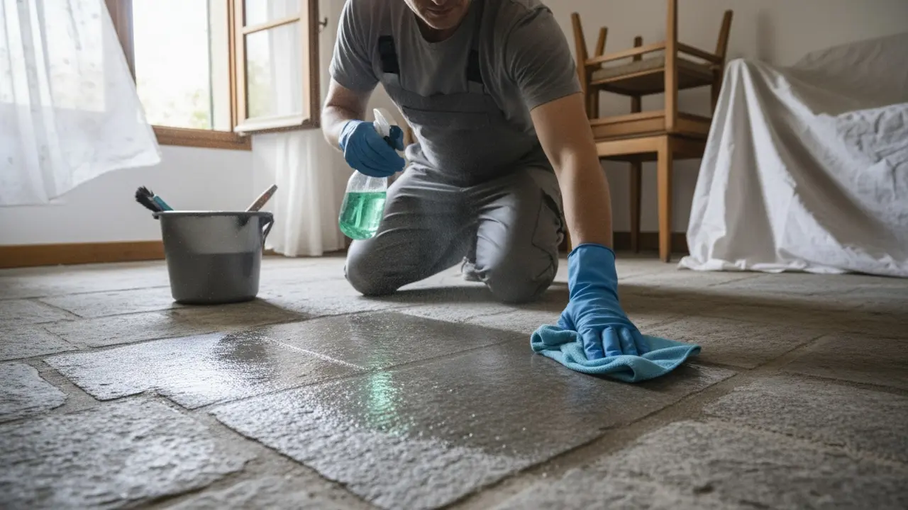 Rengøring af natursten med sprayflaske og mikrofiberklud ved åbent vindue