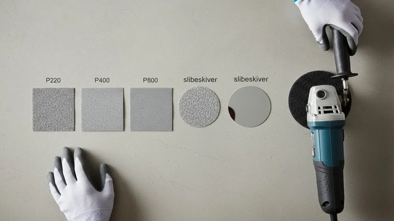 Række af slibemidler i stigende kornstørrelser ved siden af en vinkelsliber