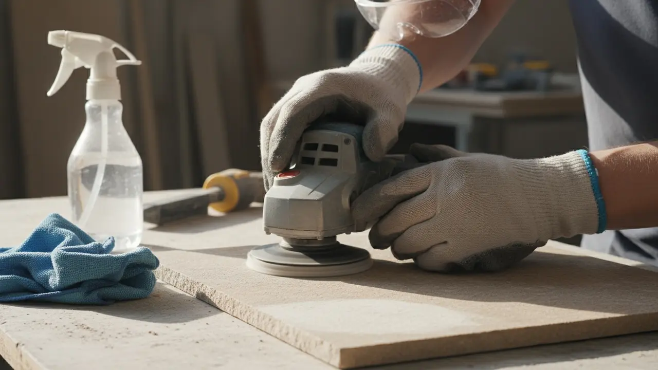 Nærbillede af hænder med handsker der trykker let på slibemaskine mod sten