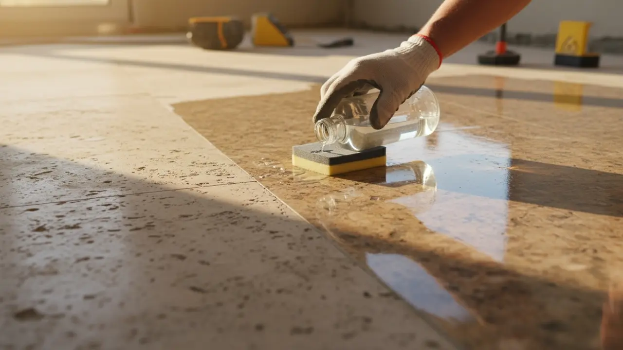 Påføring af stenimprægnering med skumapplikator på poleret natursten