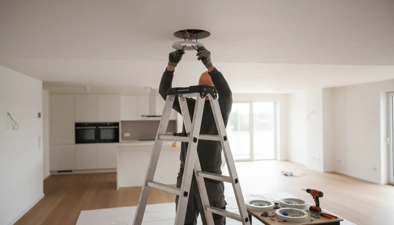 Hænder forbinder eksisterende ledninger til en loftlampe på en stige i et rum med gipsloft.