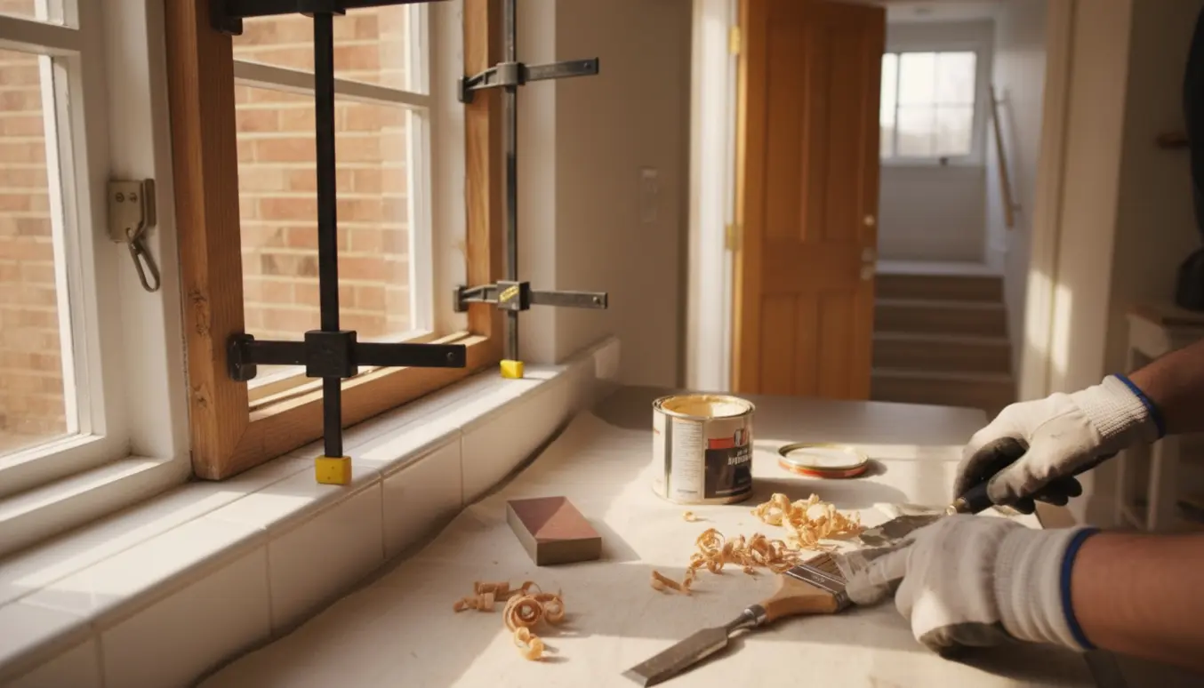 Nærbillede af reparation af trærammer på to vinduer med værktøj og en ny kælderdør klar til montering.