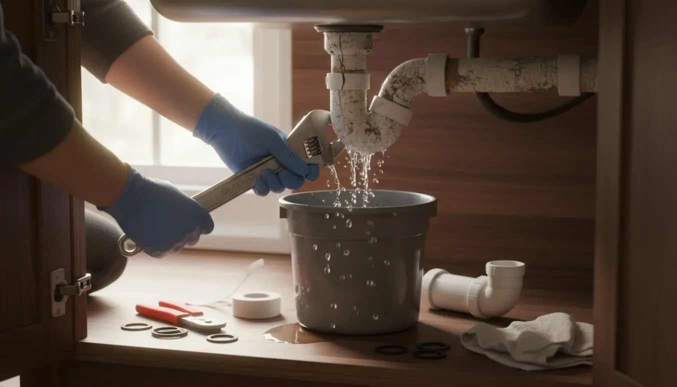 Hænder udskifter et sprukket afløbsrør under en køkkenvask med værktøj og en spand.