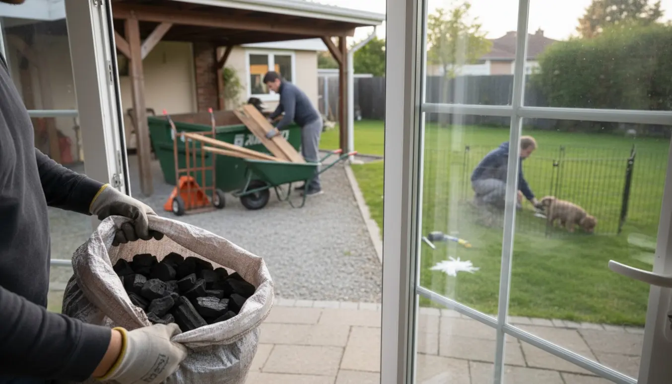 Hænder bærer briketter ind i udestuen, gamle brædder læsses i en genbrugscontainer, og et hvalpehegn opstilles i haven.