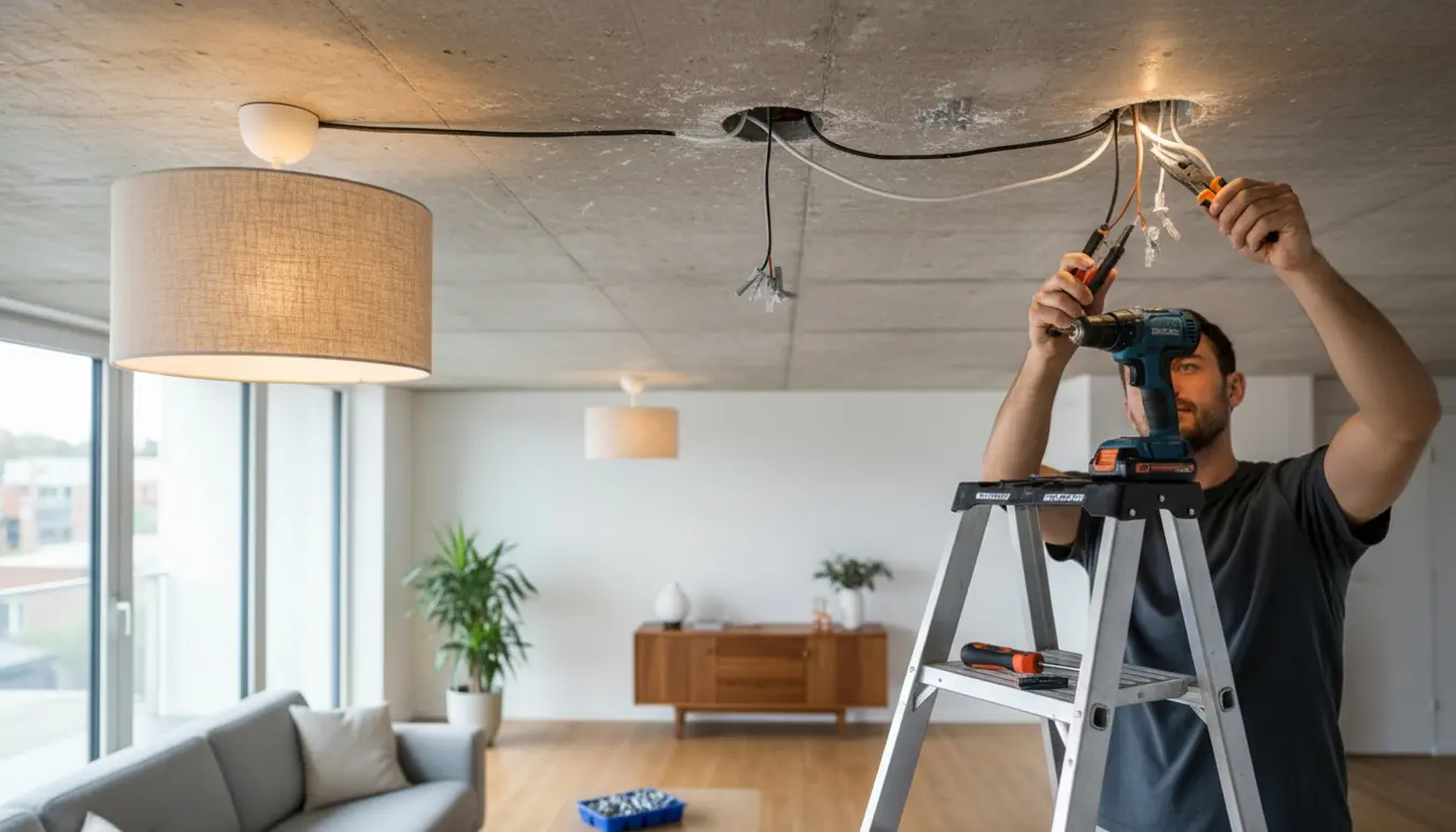 Hænder på en stige monterer to loftslamper i en lejlighed med rå betonloft.