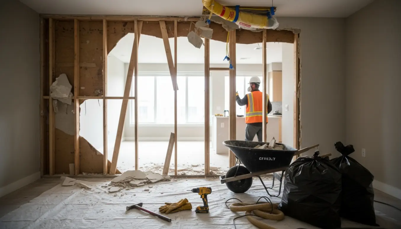 Delvist nedrevet væg mellem stue og tomt køkken med værktøj og beskyttede gas- og elinstallationer, fotografet uden synlige ansigter.
