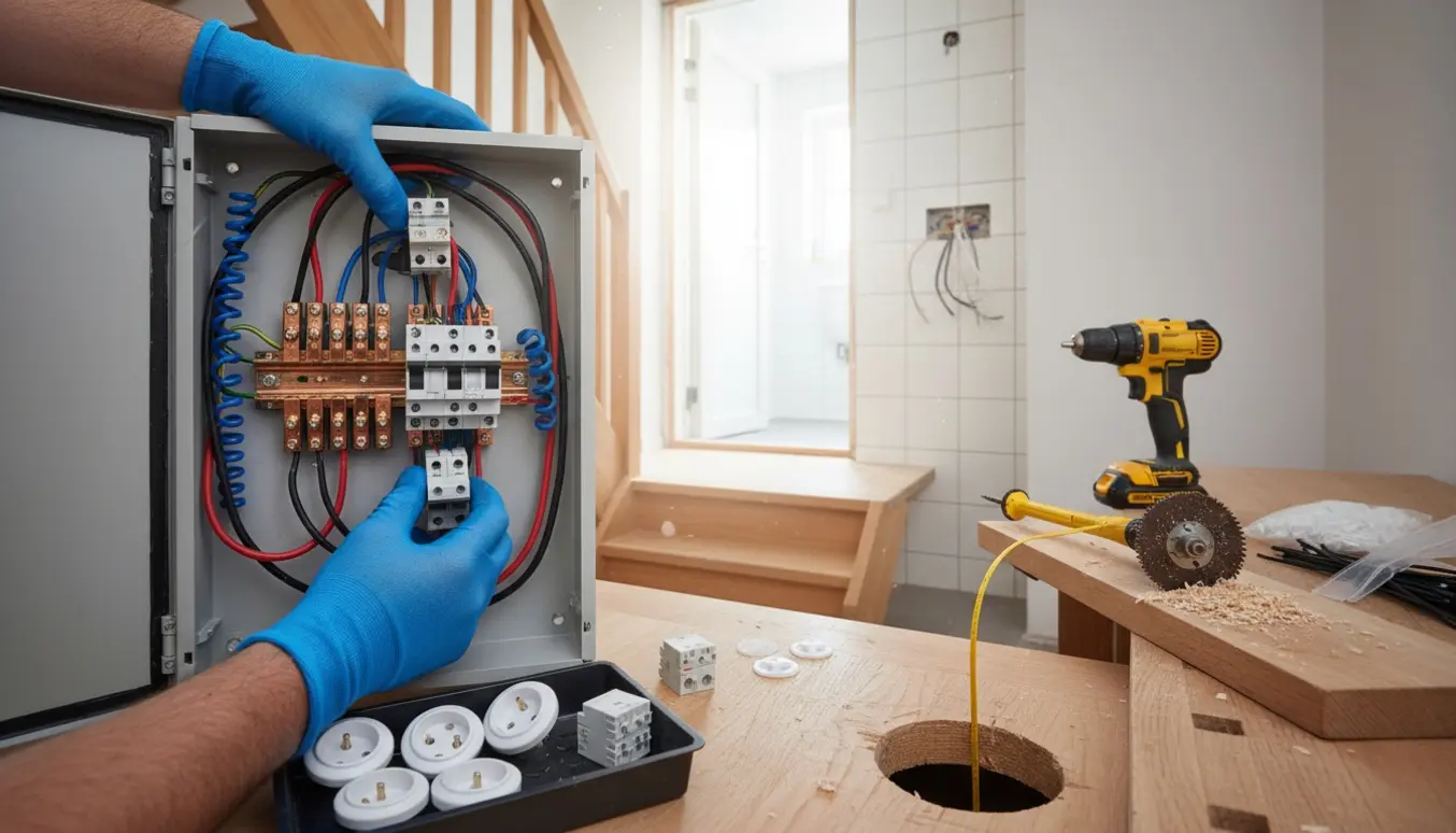 Handsker klargør kabler i en åben eltavle i kælderen med synlige kabler op mod et forberedt badeværelse.