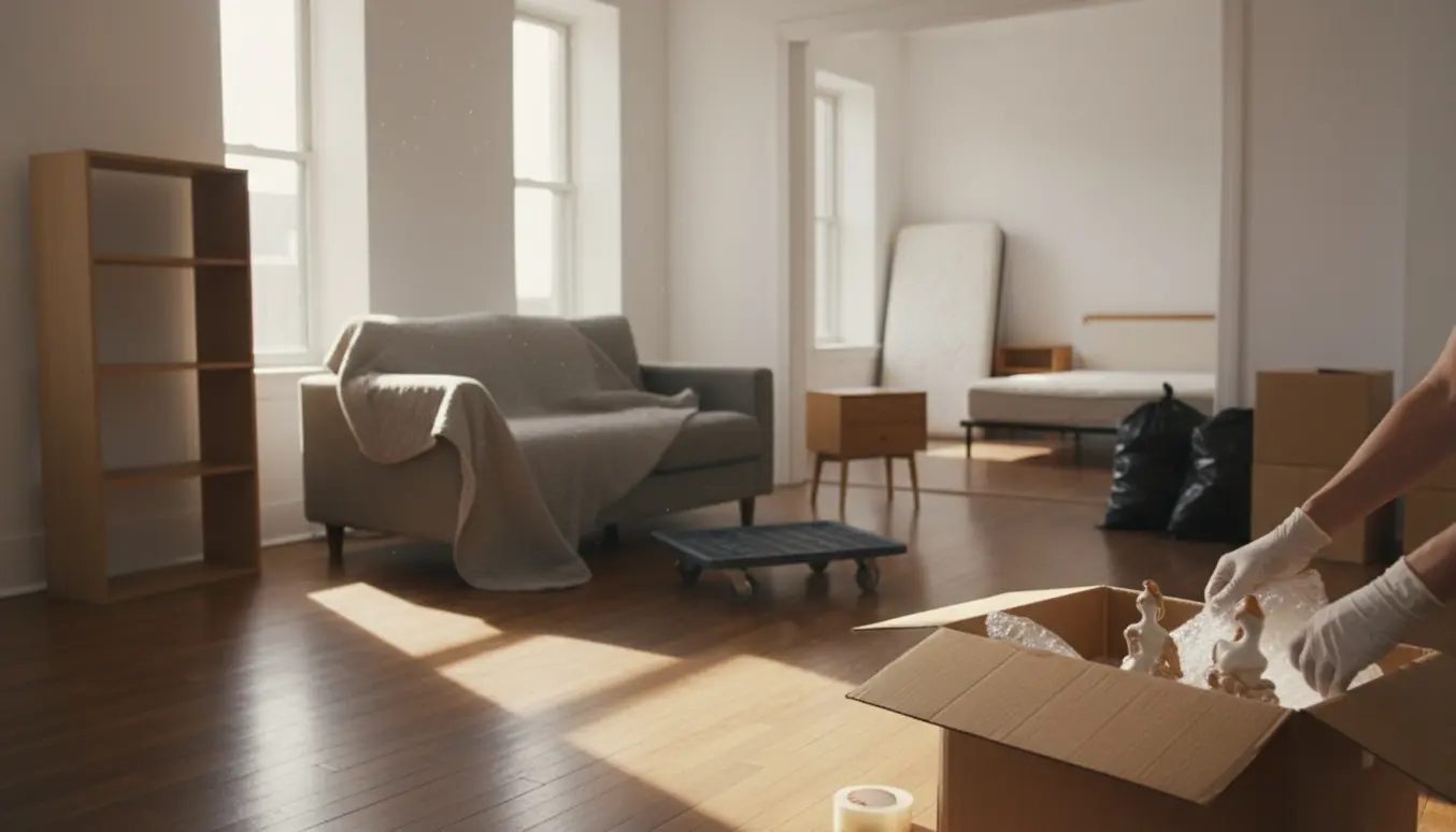Tømning af toværelses lejlighed med stabler af umarkerede flyttekasser, beskyttede møbler og arbejdshænder i fokus.