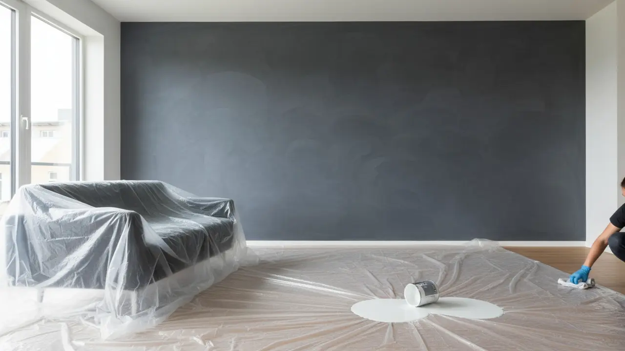 Stue med matte kalkmalede vægge, spildt maling på presenning og beskyttede møbler