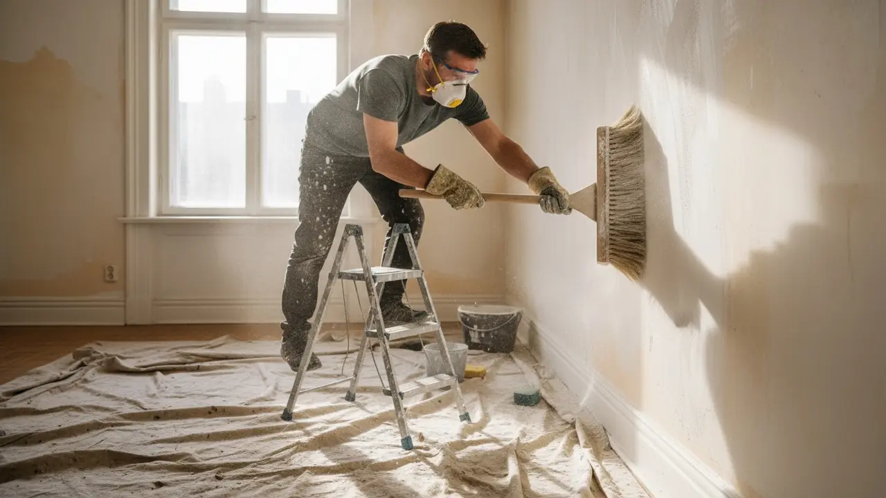 Person børster kalkmaling af væg med stiv kalkkost, iført støvmaske og beskyttelse