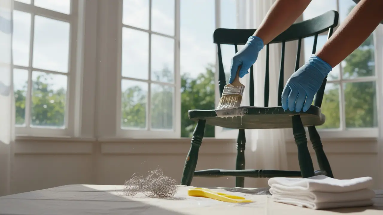 Nitrilhandske påfører bio-stripper på malet træmøbel med åbne vinduer for ventilation