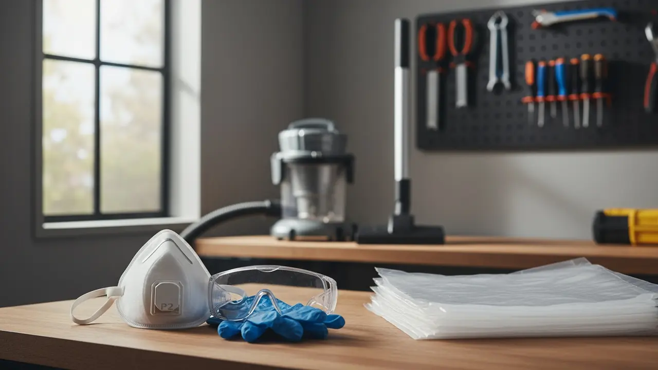 Sikkerhedsudstyr: P2-maske, nitrilhandsker, beskyttelsesbriller og plastfolie