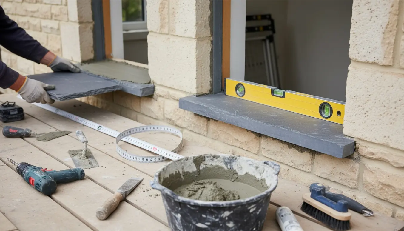 Montering af sålbænke i skifer under vinduesåbninger med værktøj og frisk mørtel.