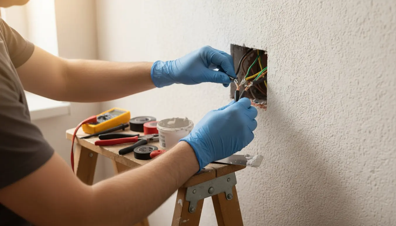 Elektriker sammensætter afisolerede ledninger i et hul i væggen og gør klar til at lukke det med spartelmasse.