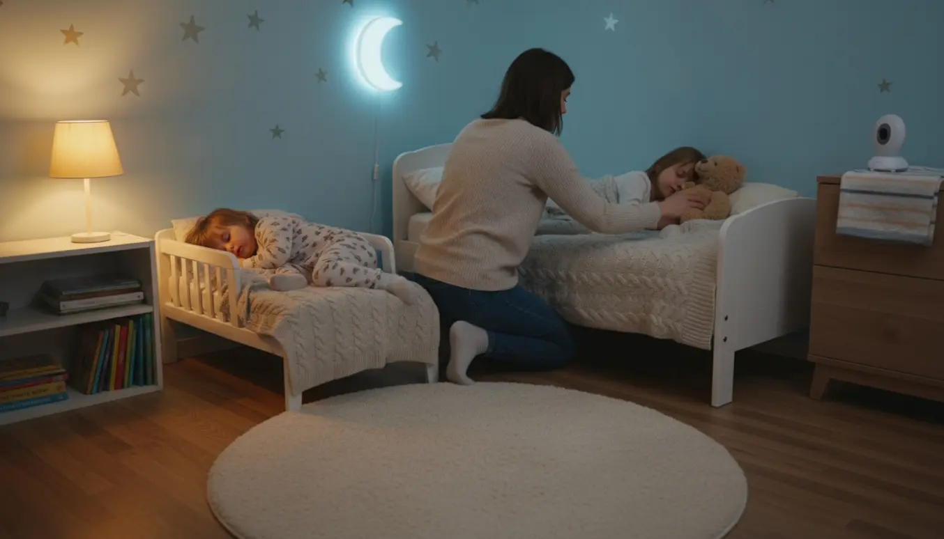 En voksen putter to børn i et hyggeligt, varmt oplyst børneværelse.
