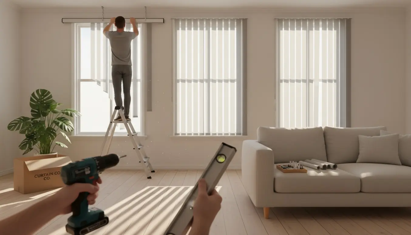 Montør sætter tre lamelgardiner op i et lyst, moderne rum med værktøj i fokus.
