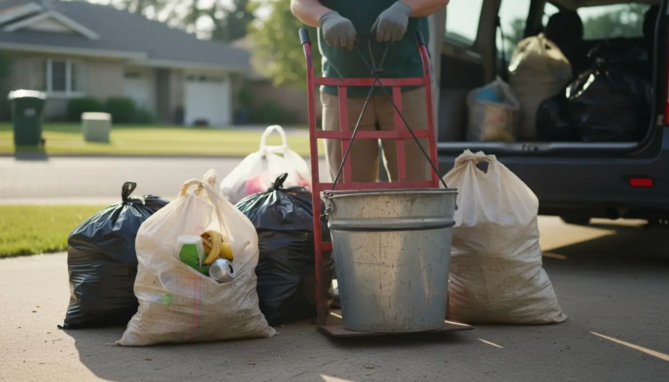 Stablede sække med blandet affald og en tung metalspand på en dolly ved indkørslen, klar til afhentning.