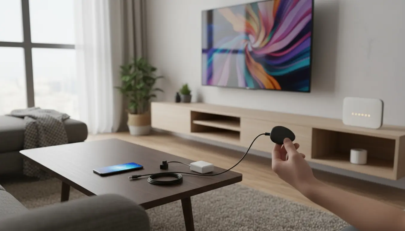 Hænder forbinder en Chromecast til ét tv, mens et andet tv allerede er opsat i en moderne stue.