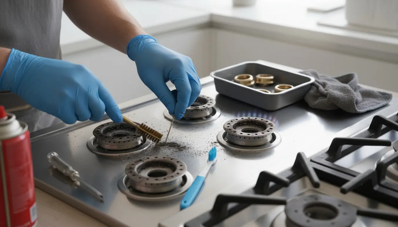 Nærbillede af hænder, der renser tilstoppede gasdysser på et komfur med børste og skruetrækker.