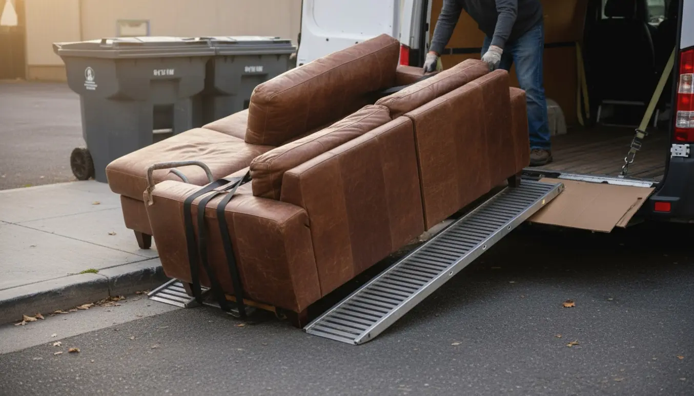 To dele af en lædersofa med chaiselong læsses op i en varevogn ved fortovet klar til storskrald.