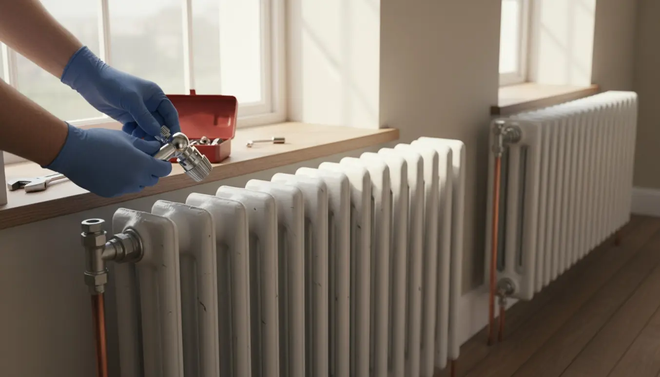 Tekniker inspicerer seks radiatorer i et lyst rum og holder en ny termostatventil klar til montering.