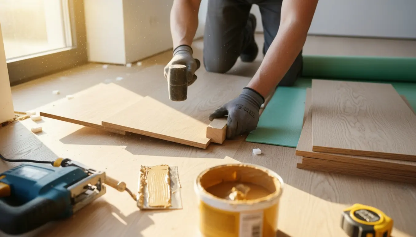Nærbillede af hænder, der monterer egetræsplanker i en lys stue med værktøj og underlag.