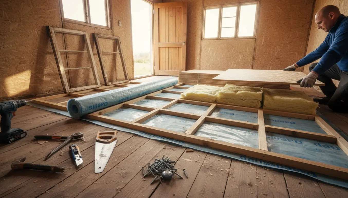 Indvendigt i et lille træskur, hvor gulvet isoleres med dampspær, lægter, isolering og OSB-plader, og to vinduer og en dør er fjernet.