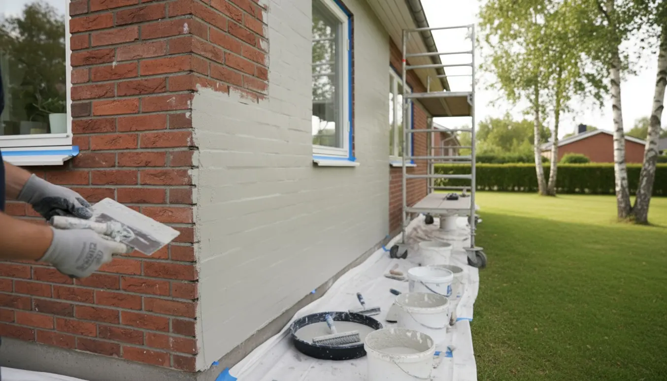 Nærbillede af hånd, der glatter frisk filts på en husfacade med stillads og fri adgang rundt om huset.