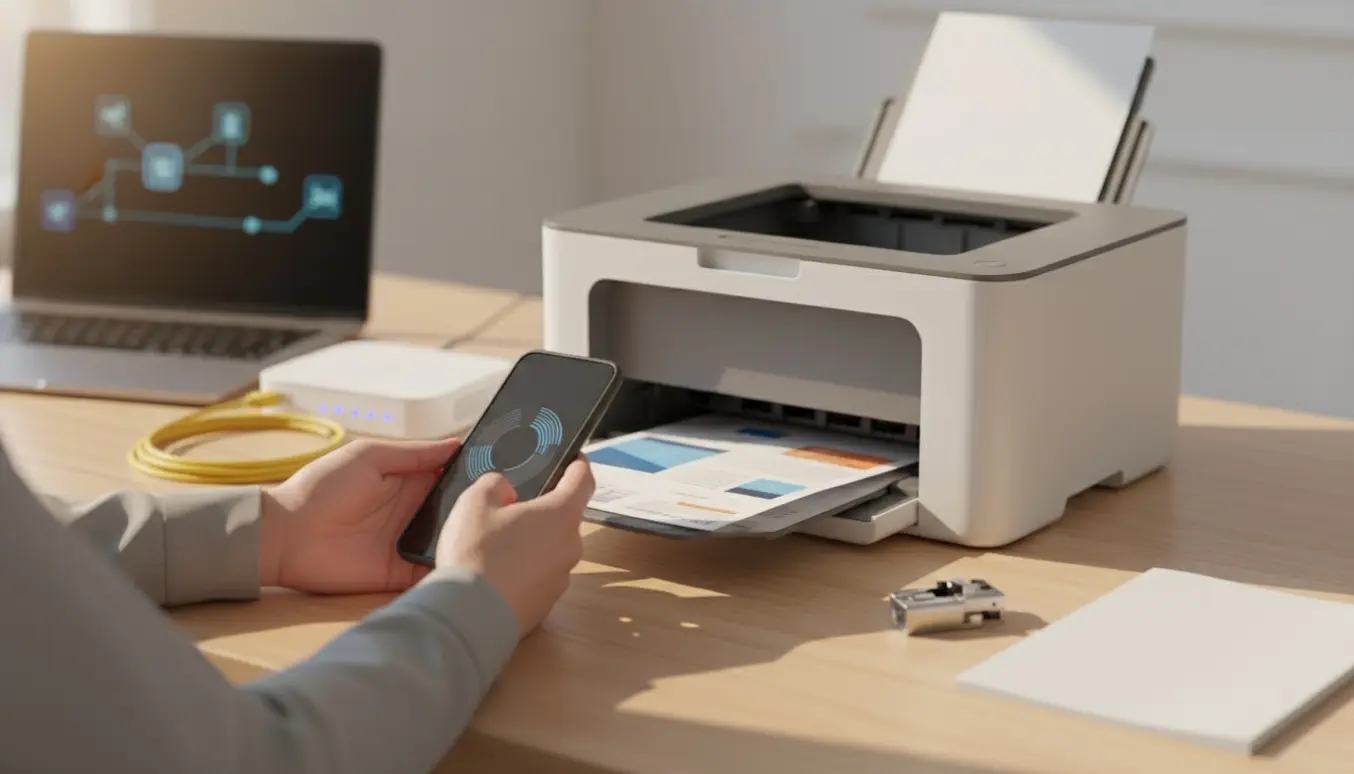En kompakt inkjet-printer på et ryddeligt hjemmekontor med hænder, der holder en smartphone og en router i baggrunden.