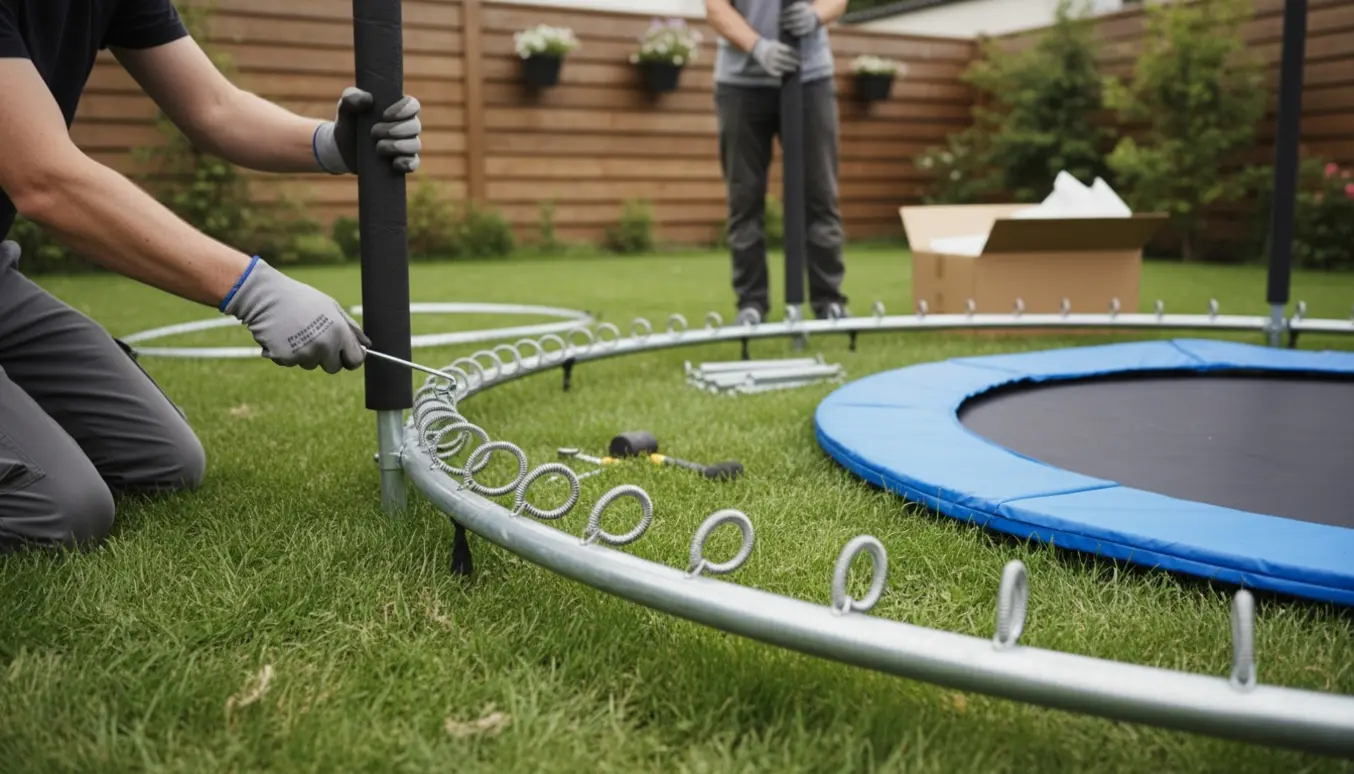 Nærbillede af samling af Berg Favorite rund trampolin med net på græs, værktøj og reservedele omkring.